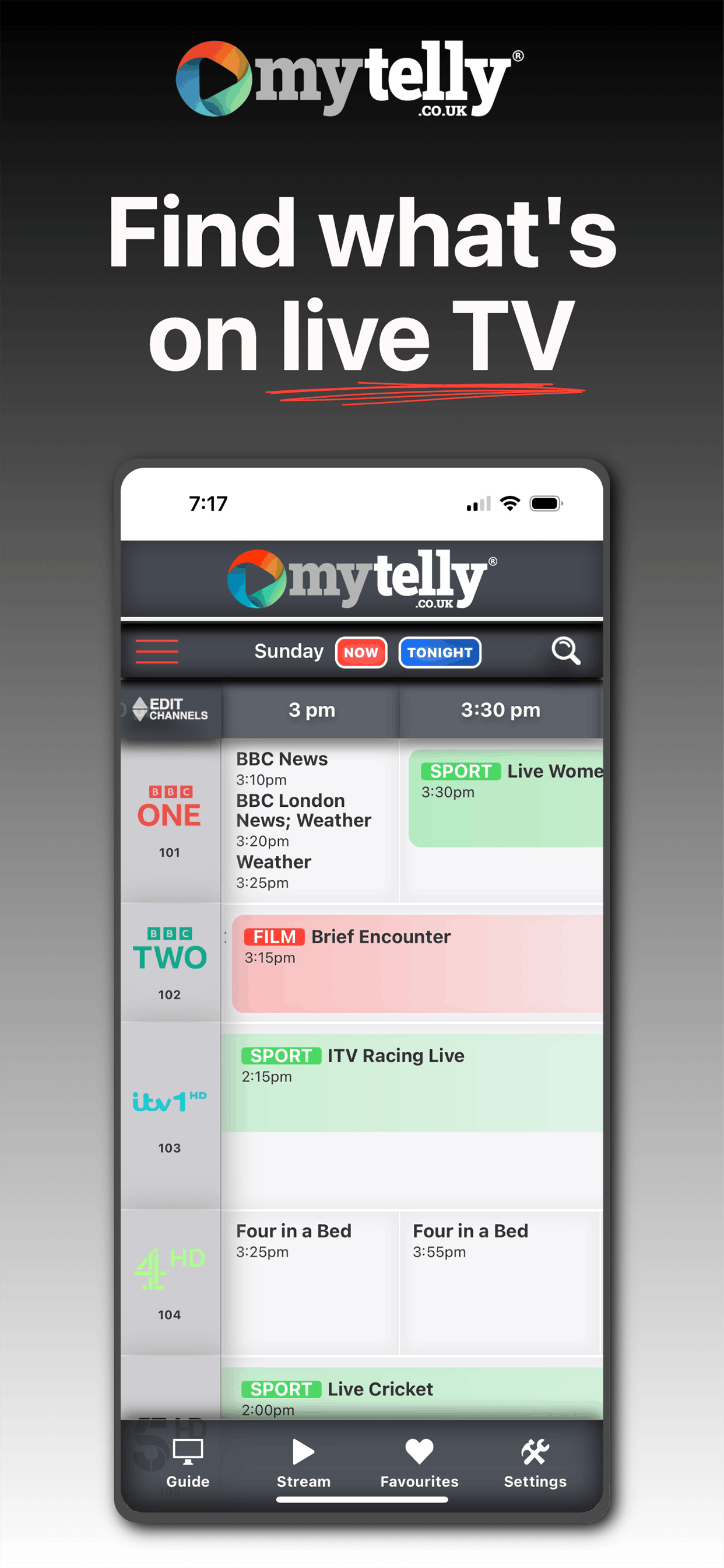 My Telly live UK television guide screen