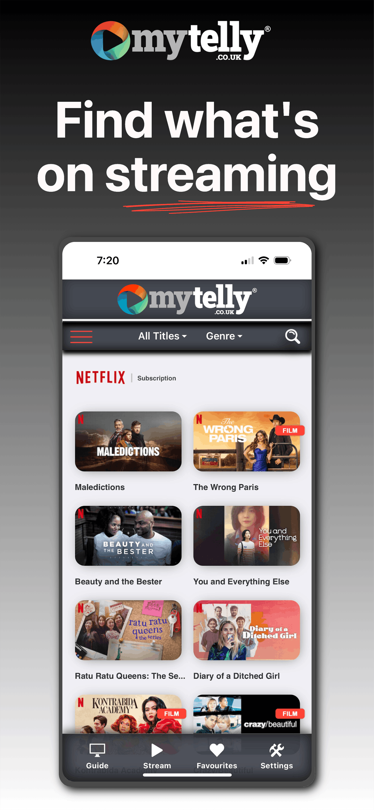 My Telly UK streaming guide screen